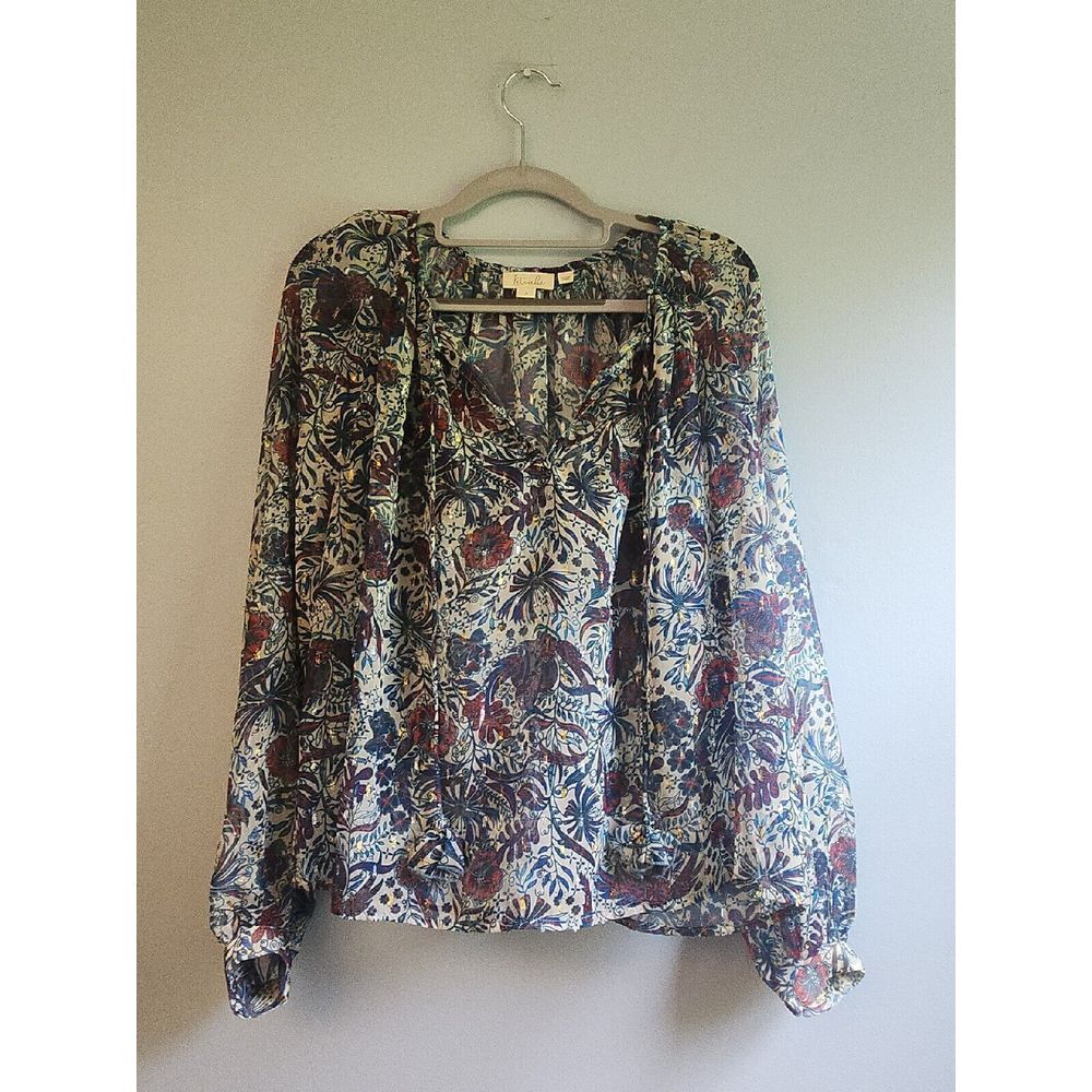 Anthropologie Let Me Be Puff Sleeve‎ Peasant Top Blouse Blue Floral Boho S